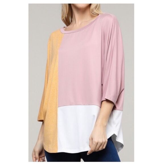 Color Block 3/4 Length Sleeve Scoop Neck Top | Pink / Peach / White - Picture 4 of 6